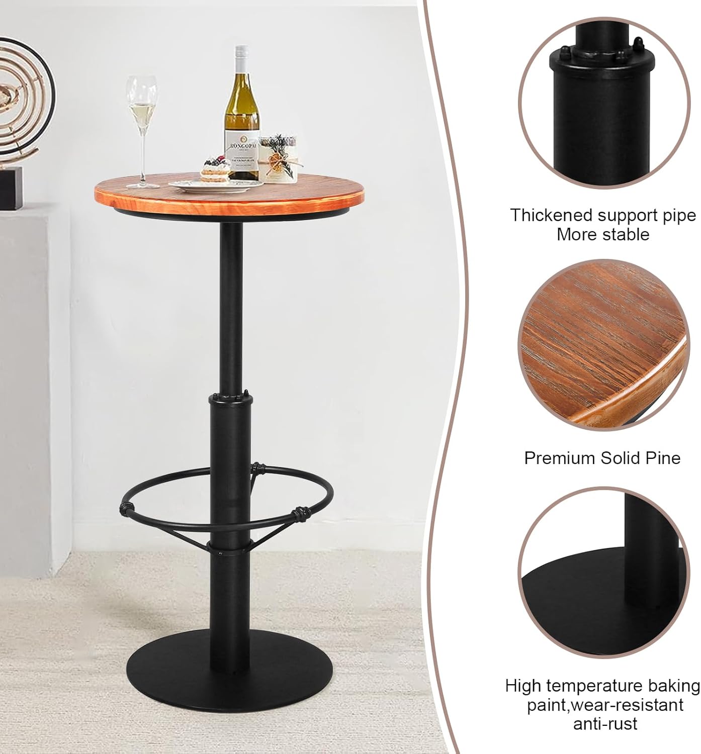 Mesa de bar industrial vintage de 42 pulgadas de alto, barra de metal redonda...