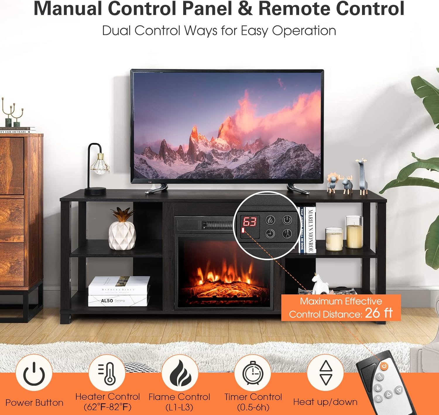SIMOE Soporte de TV con chimenea de 59 pulgadas, soporte de TV con chimenea...