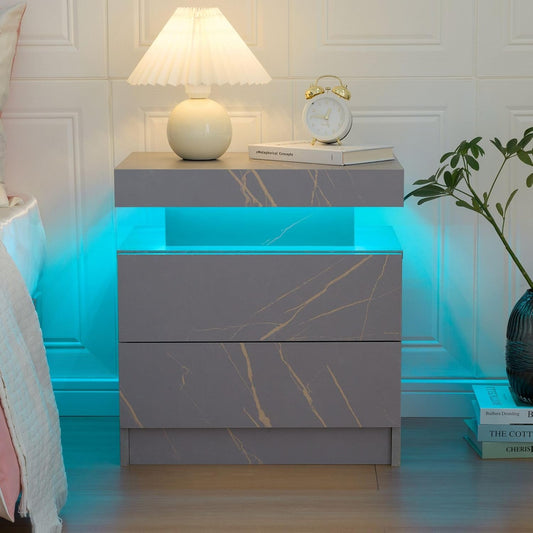 Mesita de noche LED con 2 cajones, mueble de madera con luces LED para...