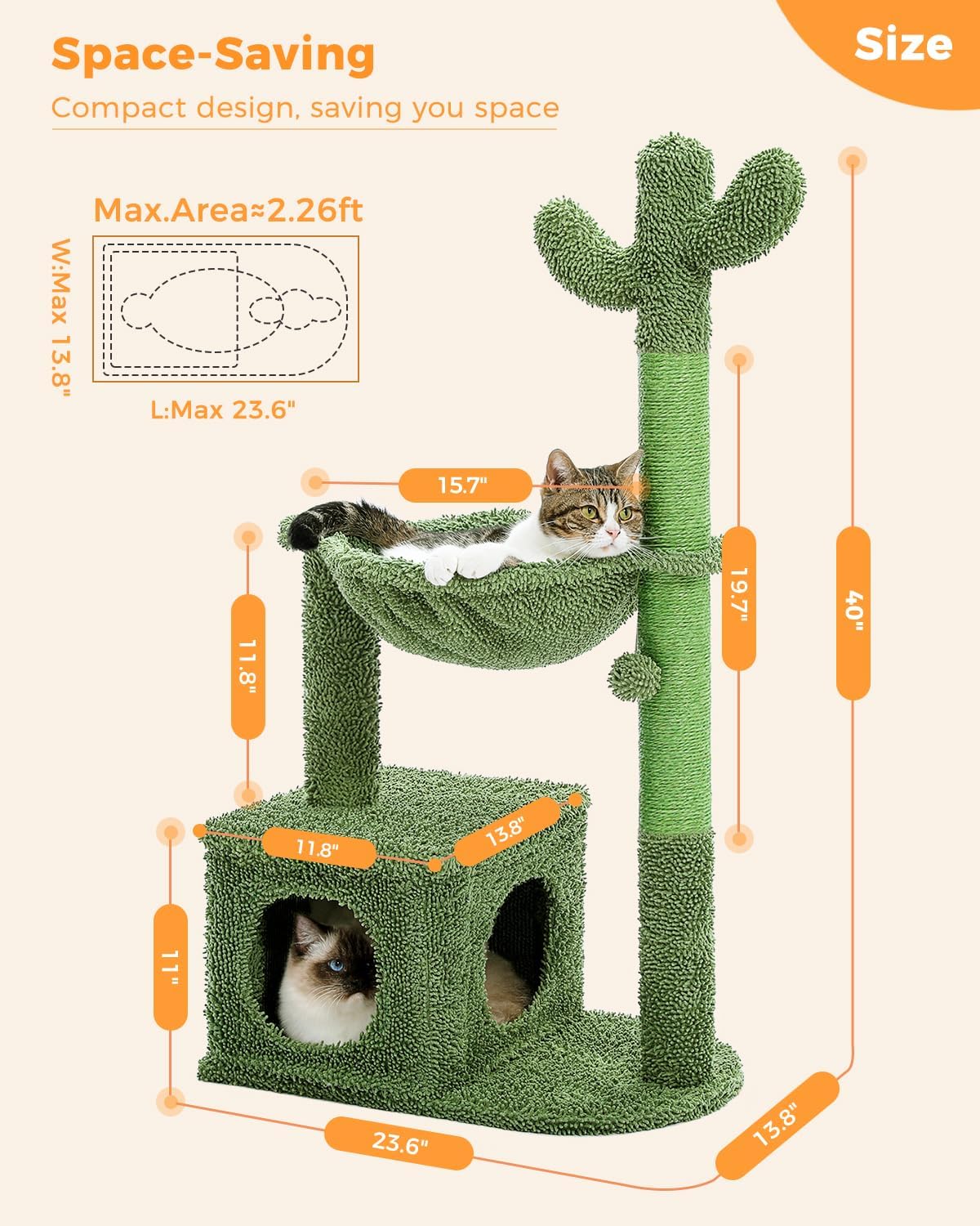 Árbol de cactus para gatos de 40 pulgadas con hamaca grande de alfombra de...