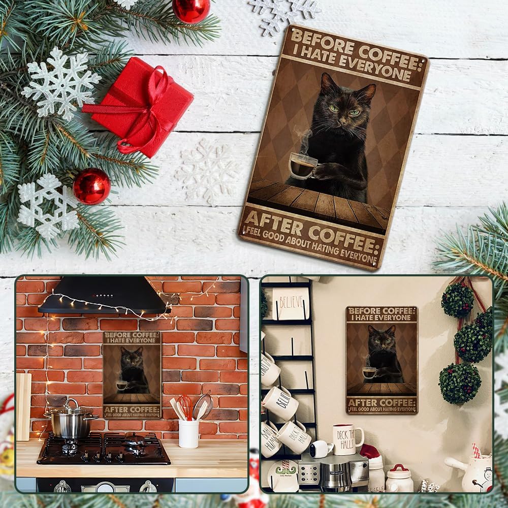 Letrero divertido de hojalata vintage con texto en inglés "Cat Before Coffee I...
