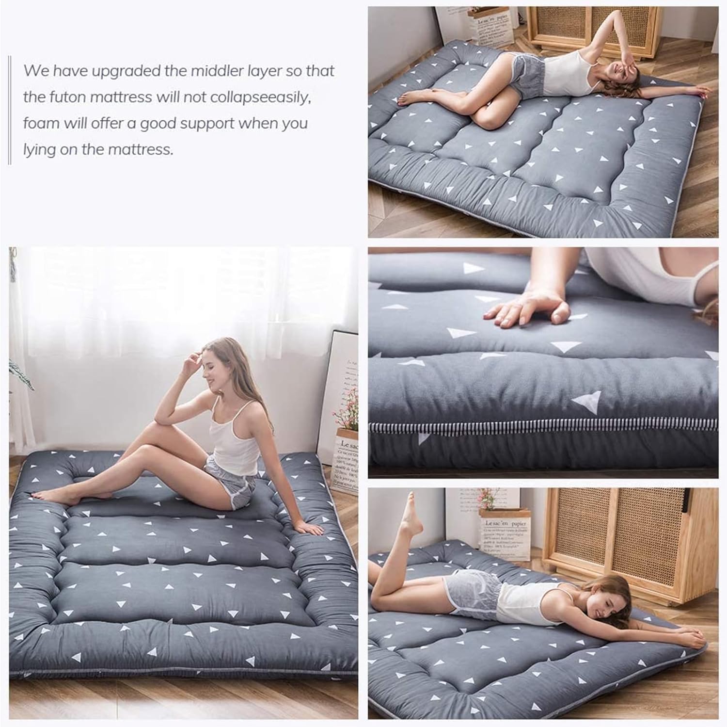 Colchón futón japonés gris de triángulo, tapete de tatami para piso, portátil...
