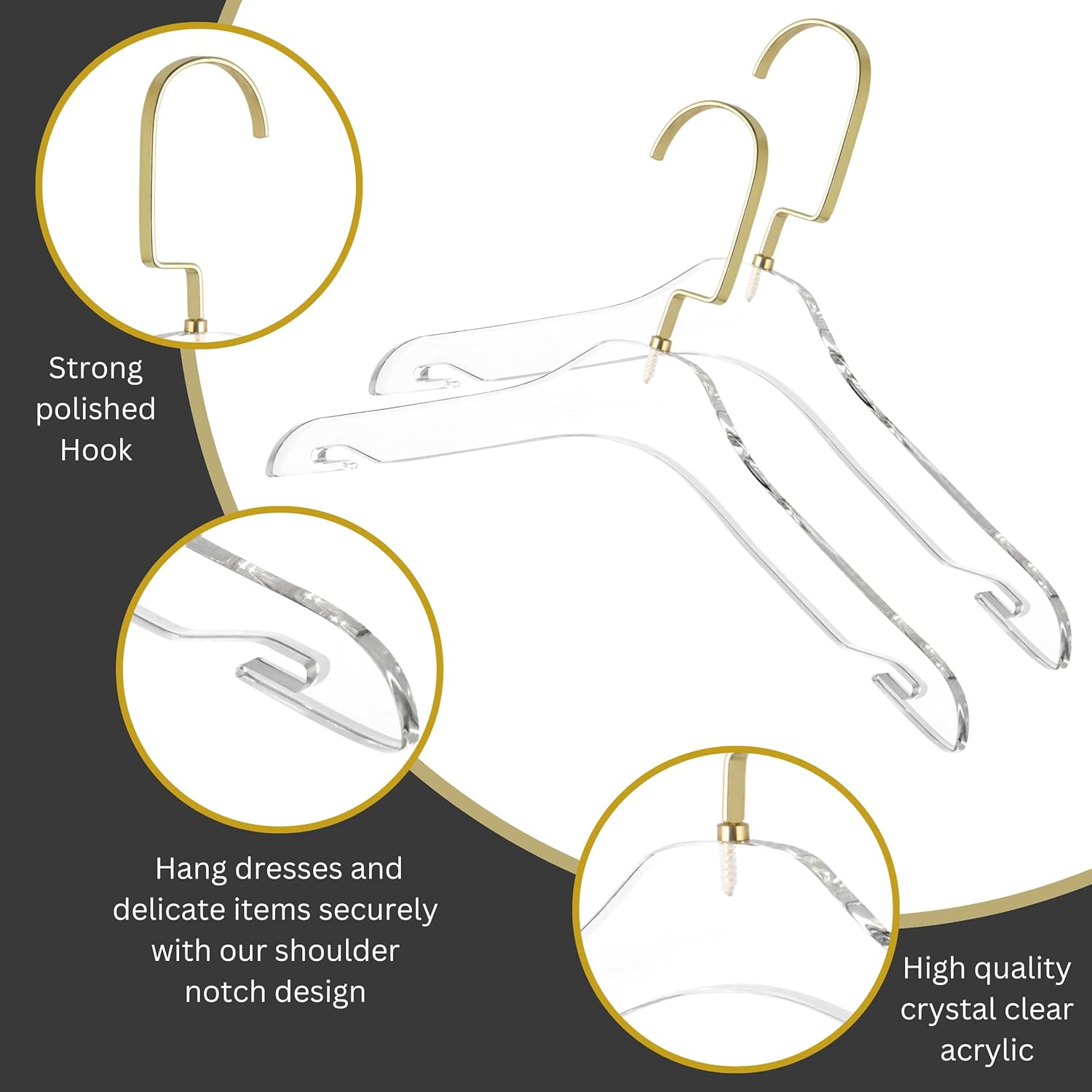 Elegantes perchas de acrílico transparente con gancho dorado, colgador de ropa