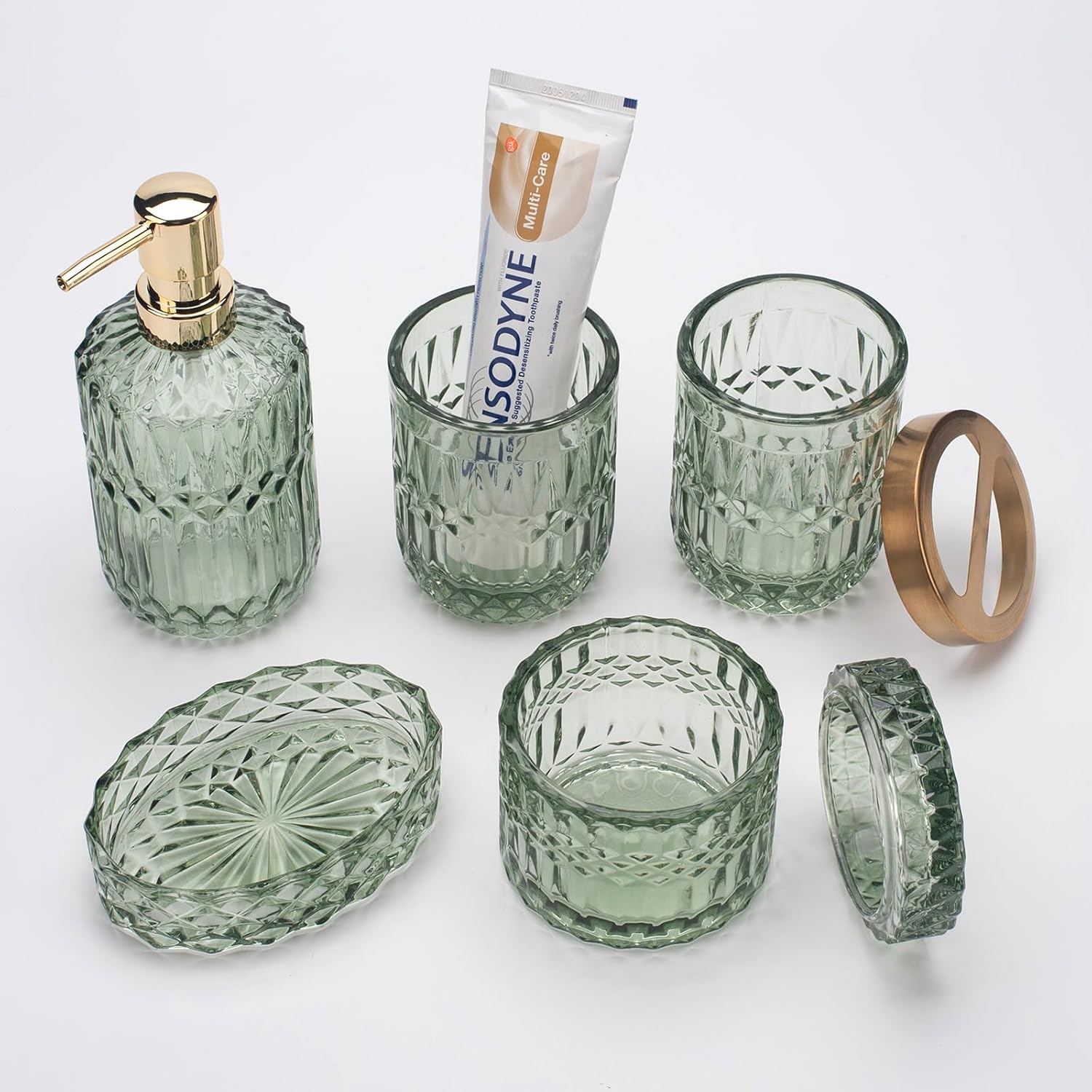 Juego de 5 accesorios de baño de vidrio verde para baño, dispensador de loción,...