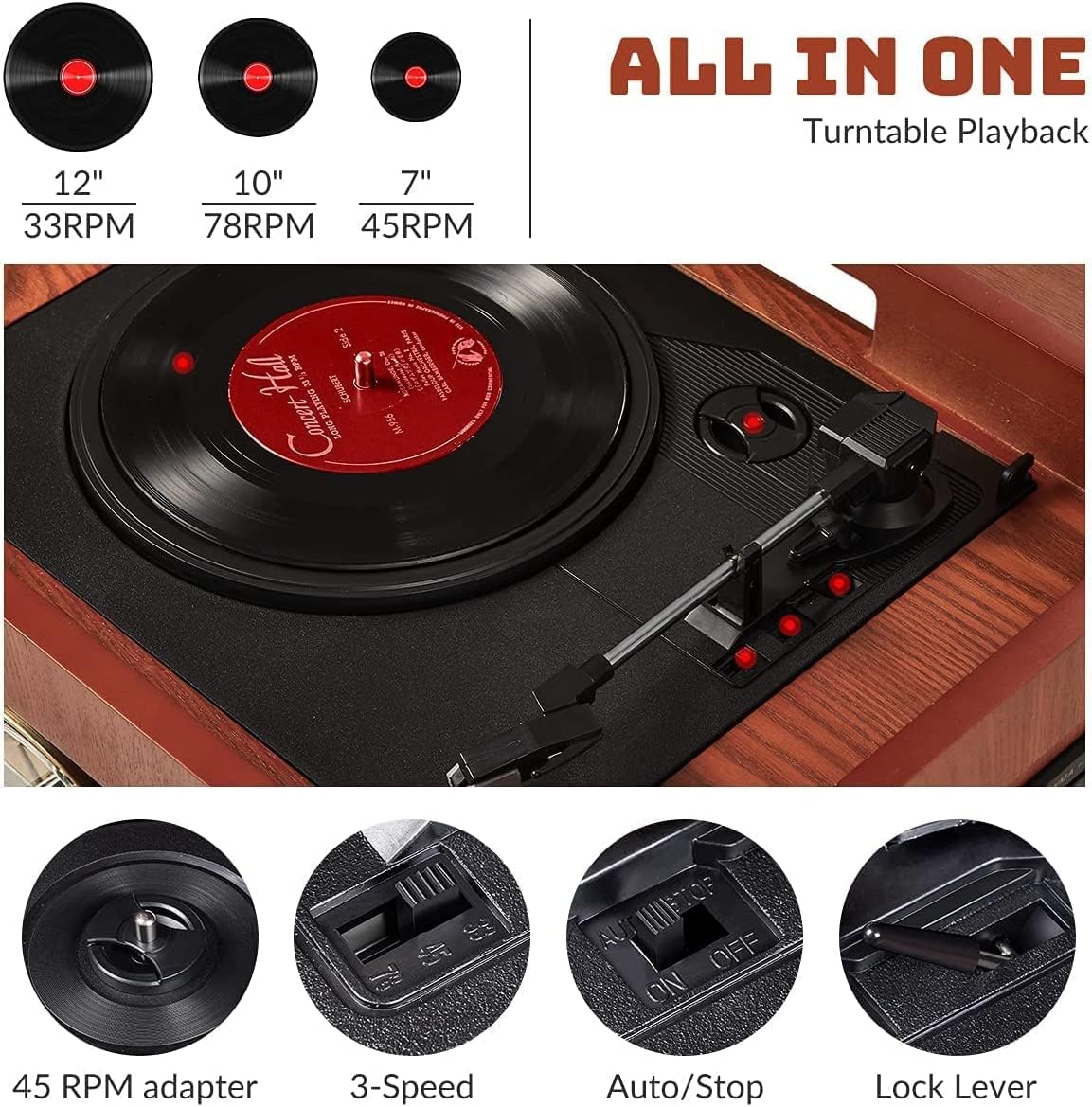 ORCC Tocadiscos 10 en 1, tocadiscos nostálgicos para discos de vinilo con...