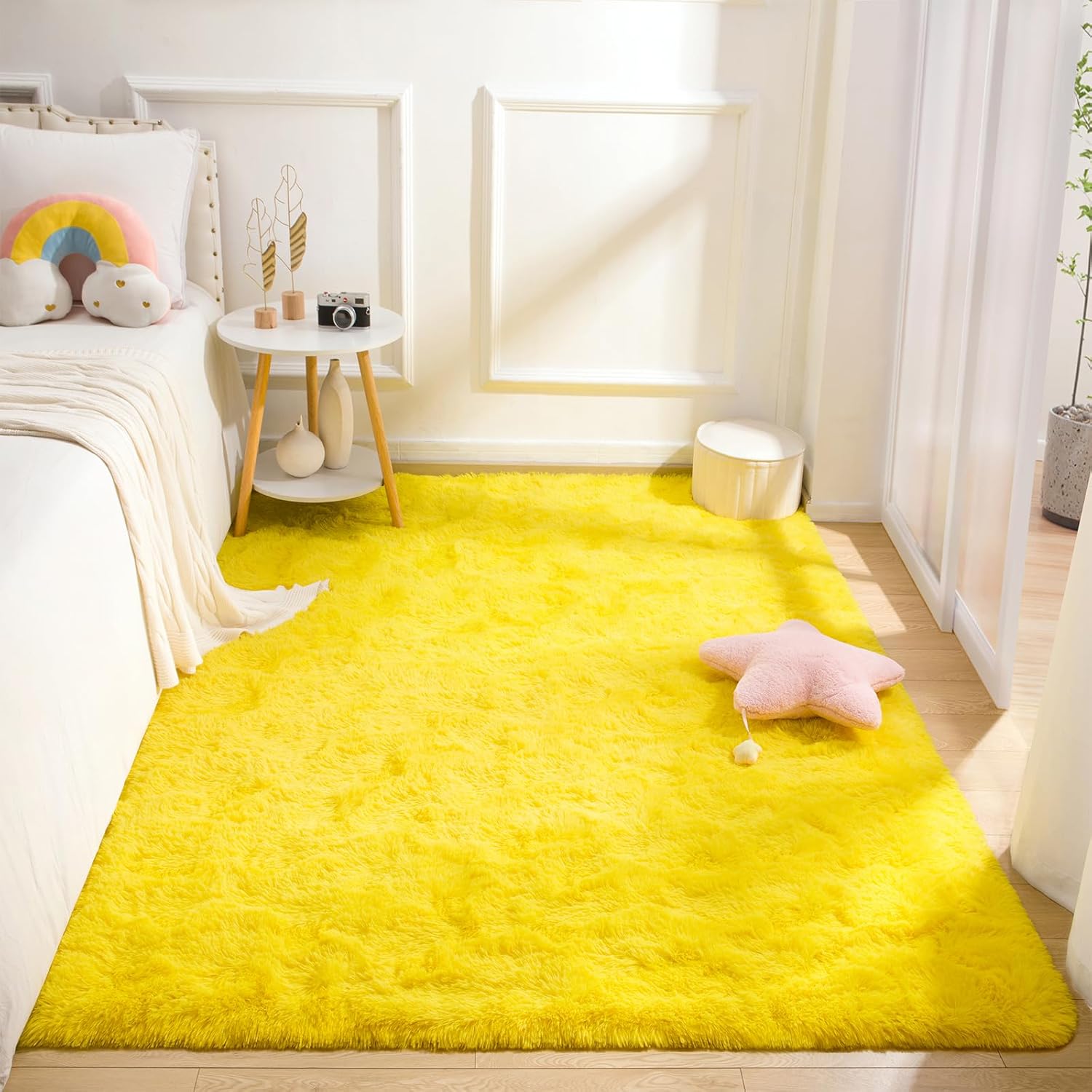 BENRON Alfombras amarillas de felpa para dormitorio, niñas y niños, alfombra de...