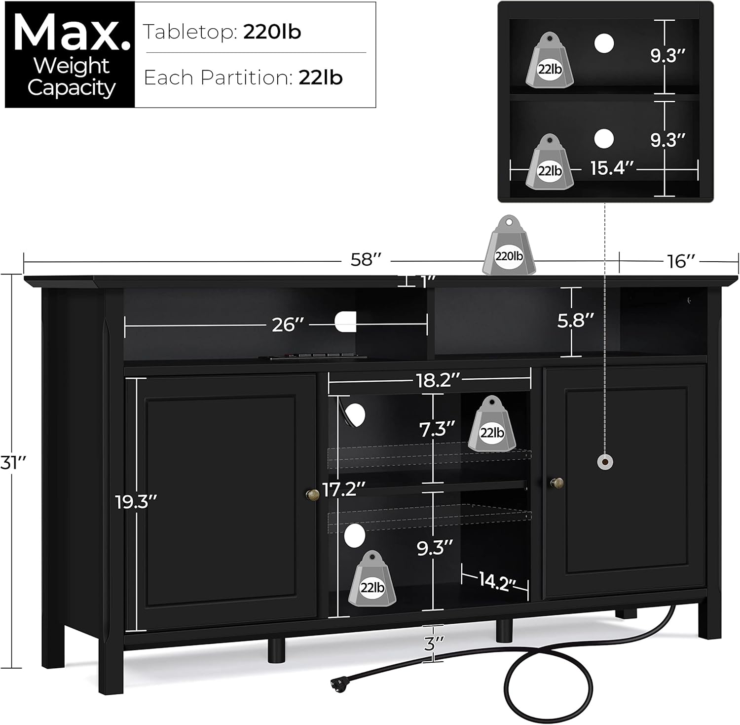 Topeakmart Soporte de TV de 31 pulgadas de alto con toma de corriente y armario...