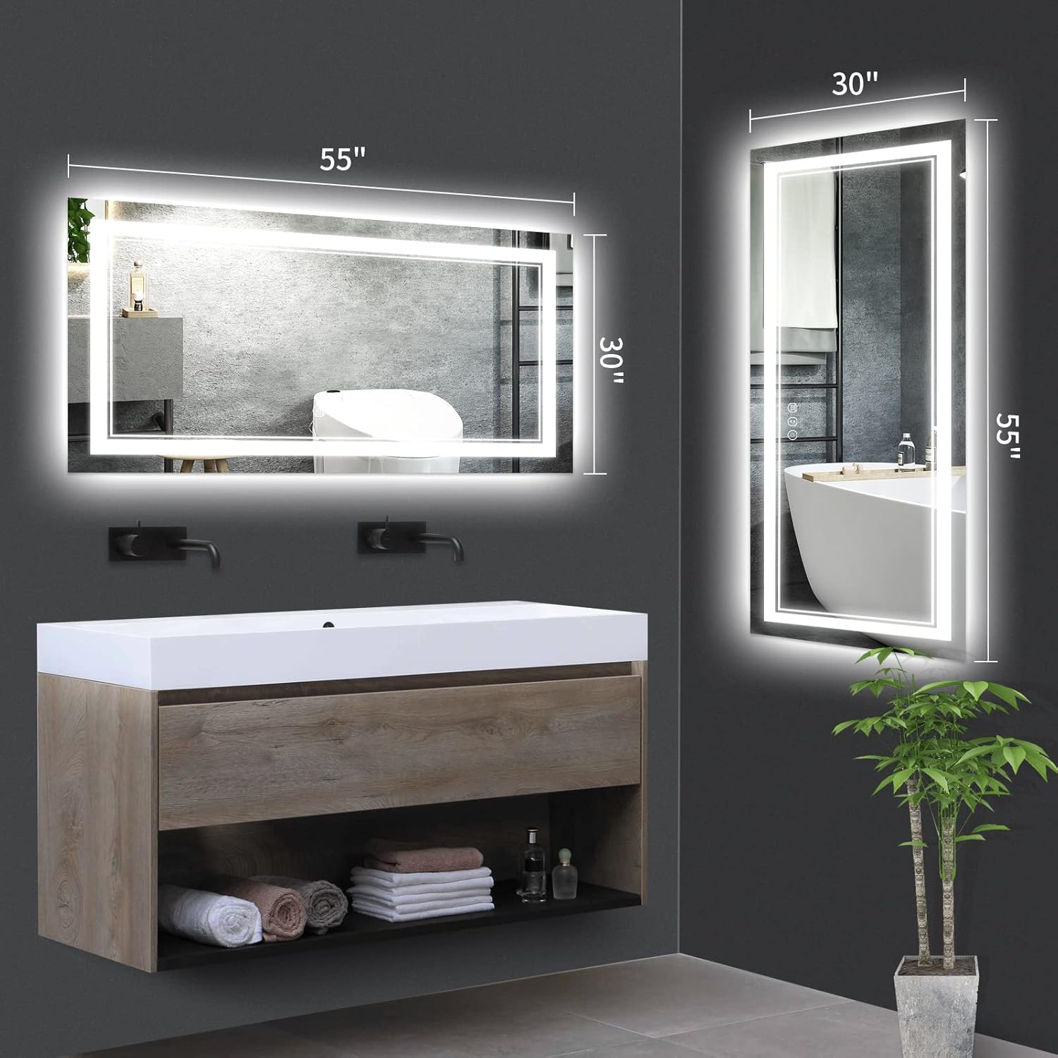 Espejo de baño LED de 55 x 30 pulgadas, retroiluminado y luz delantera,