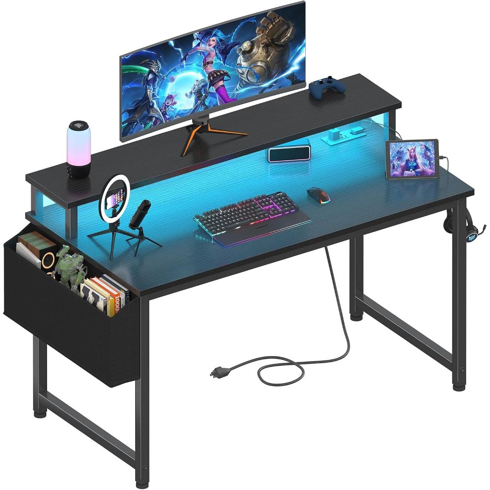Escritorio Para Juegos Con Luces LED Y Tomas De Corriente, Lufeiya, Negro