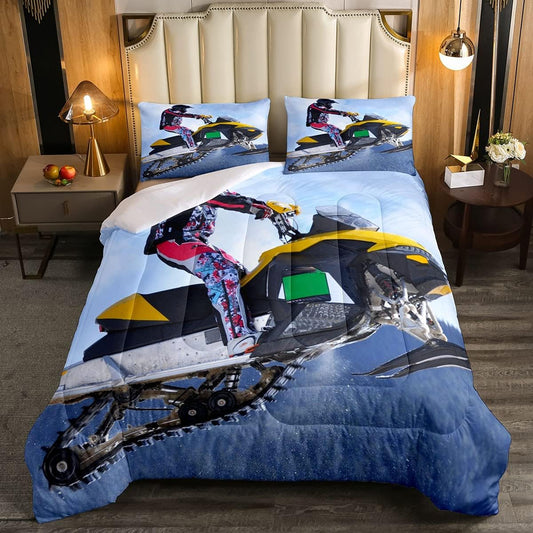 Juego de edredón amarillo de motos de nieve para hombre, tamaño individual,...
