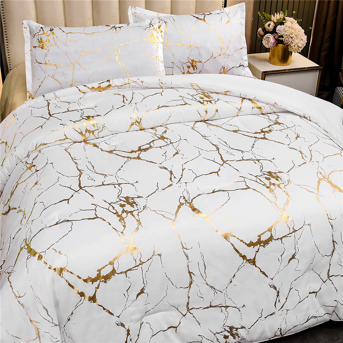 Duvet Línea Gold – Patrón de Mármol Dorado + Plumón - Doble