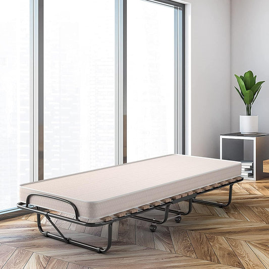 Cama plegable con colchón, portátil para invitados con marco de metal