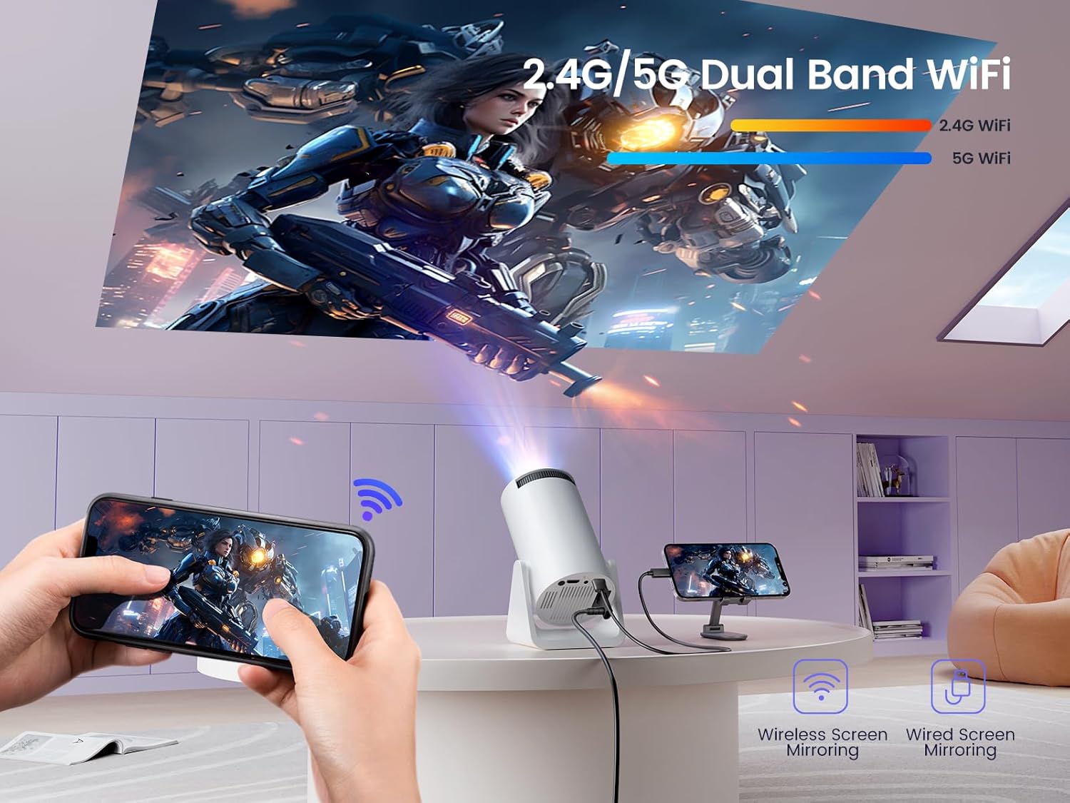 Soporte ajustable de 270 Mini proyector con WiFi y Bluetooth, proyector de...