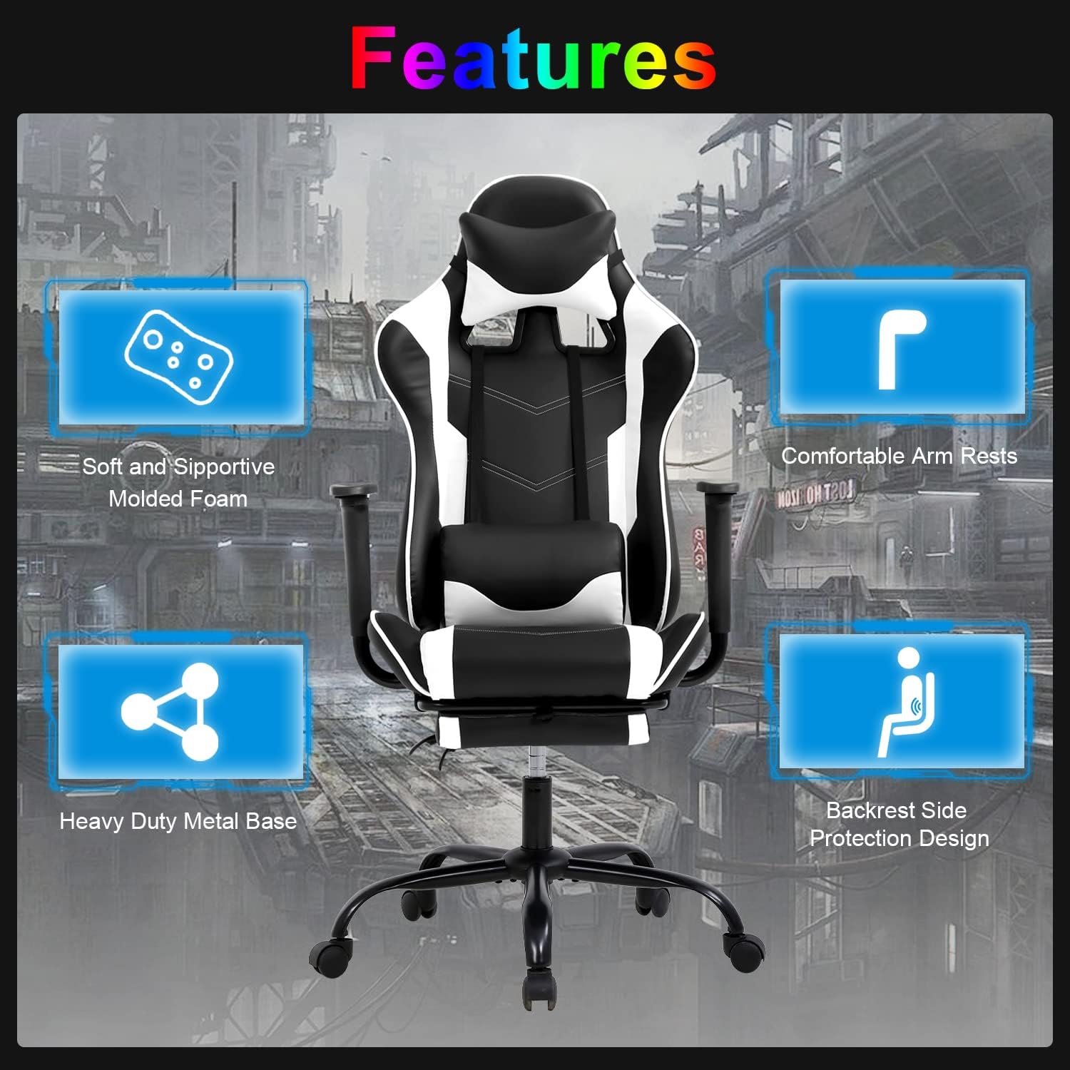 Silla para videojuegos, silla ergonómica para juegos con reposapiés reclinable,...