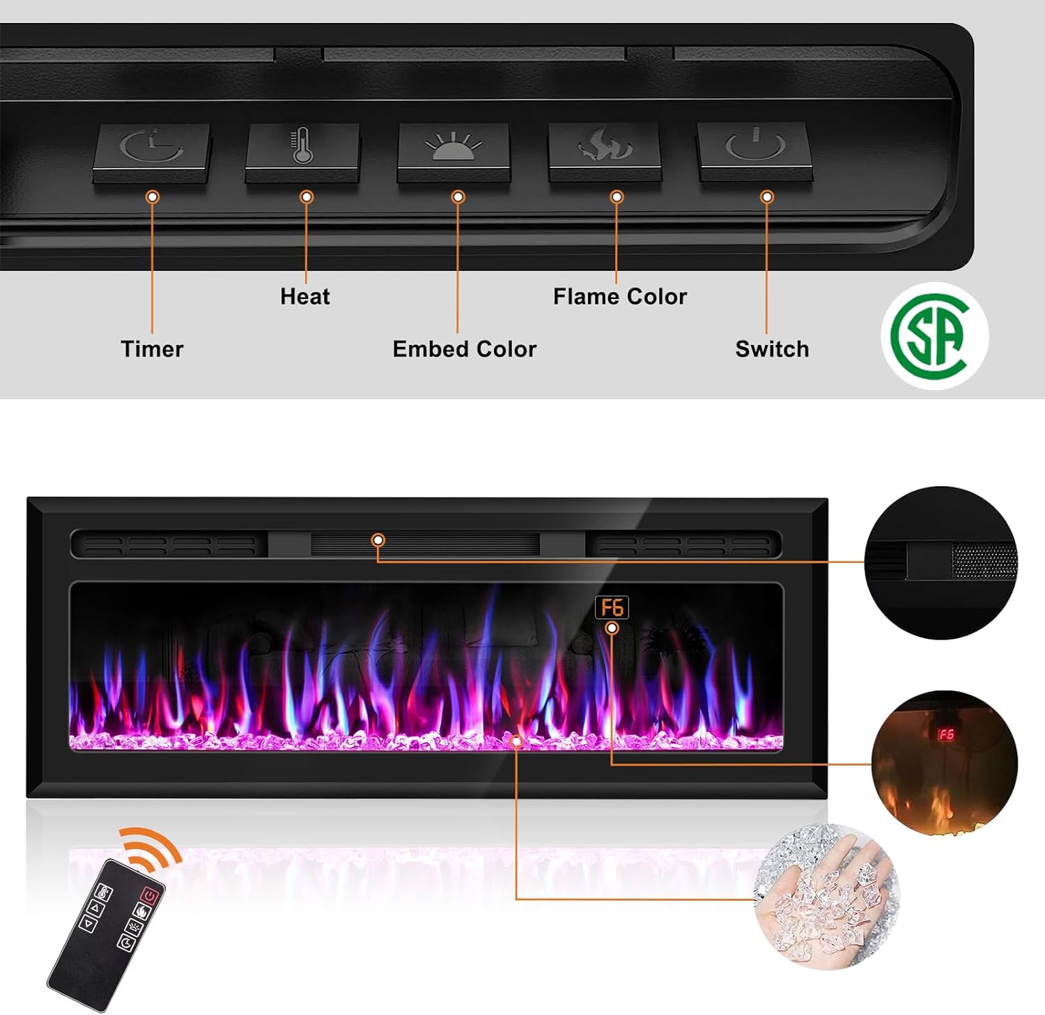 Chimenea eléctrica de 50 pulgadas, chimenea lineal montada en la pared y...