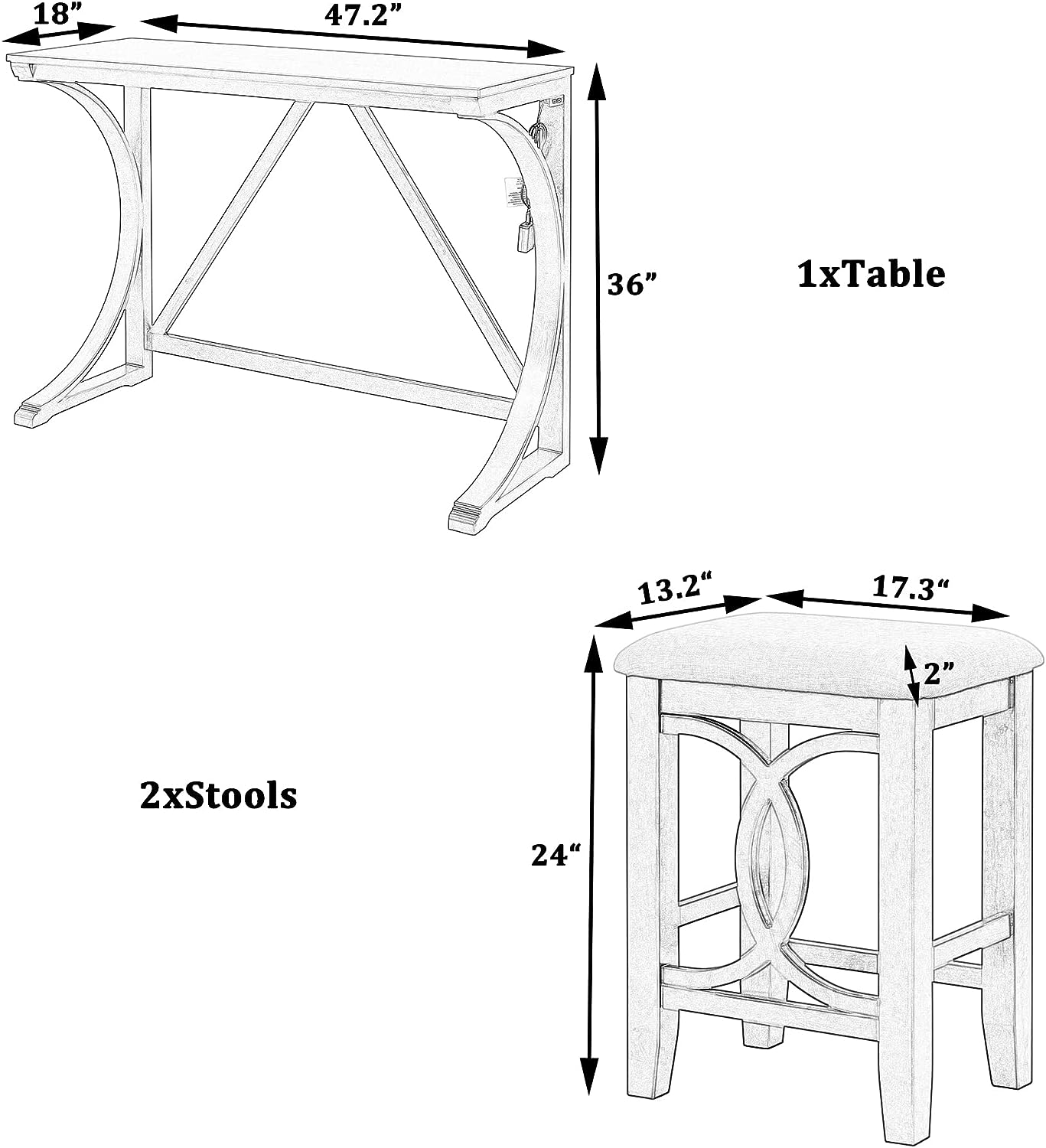 Juego de mesa de comedor de 3 piezas con puertos de carga USB y 2 taburetes