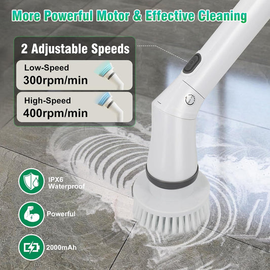 Electric Spin Scrubber, Cordless Cleaning Brush with 2 Speeds & 6 Replaceable