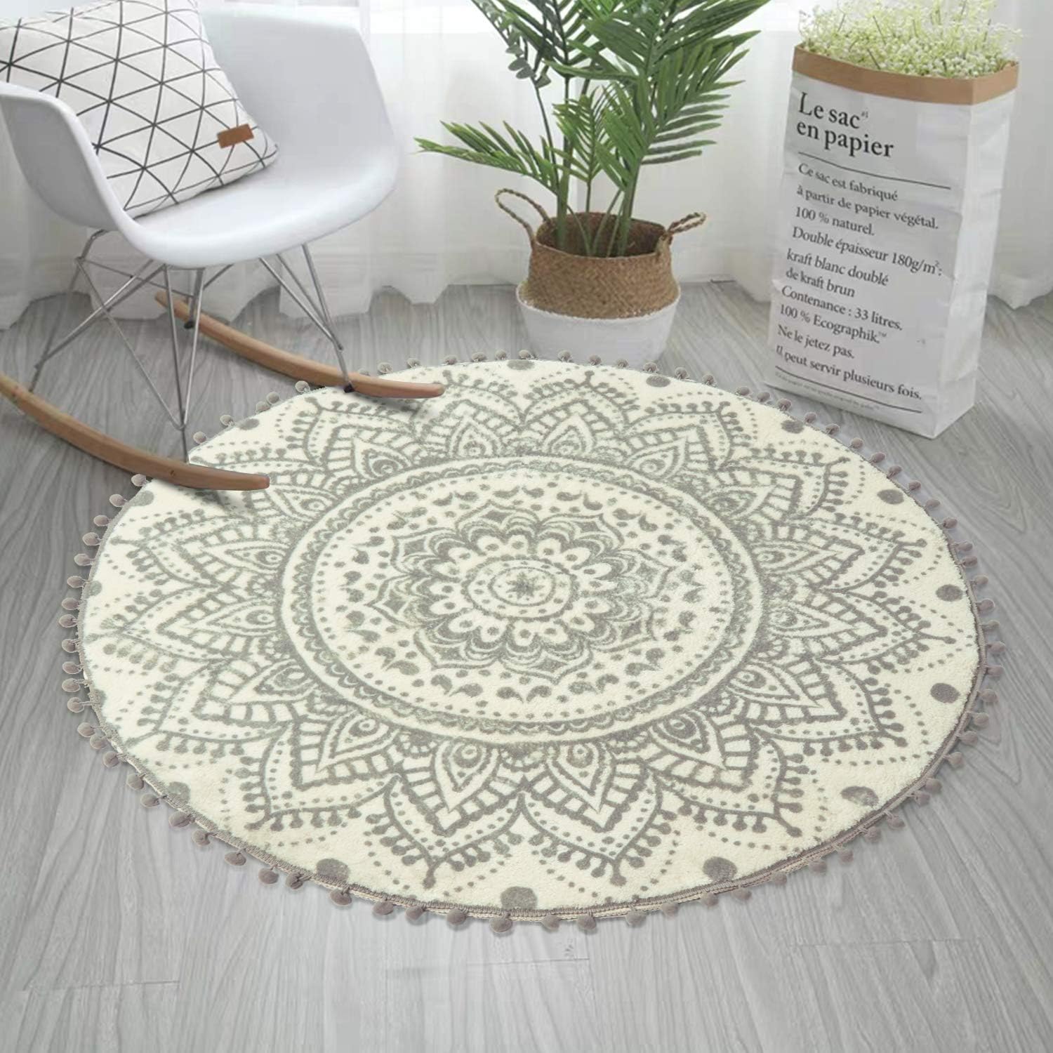 Uphome - Alfombra redonda decorativa con flecos de pompón y mandala de lujo, de...