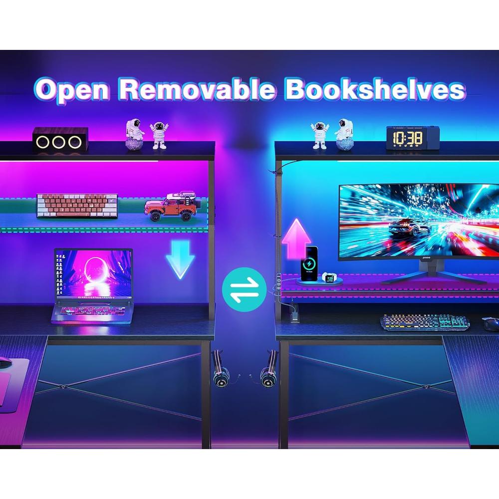 Escritorio Gamer En L Reversible AODK, Con Luz Led Y Toma De Corriente, Estante De Almacenamiento Y Gancho