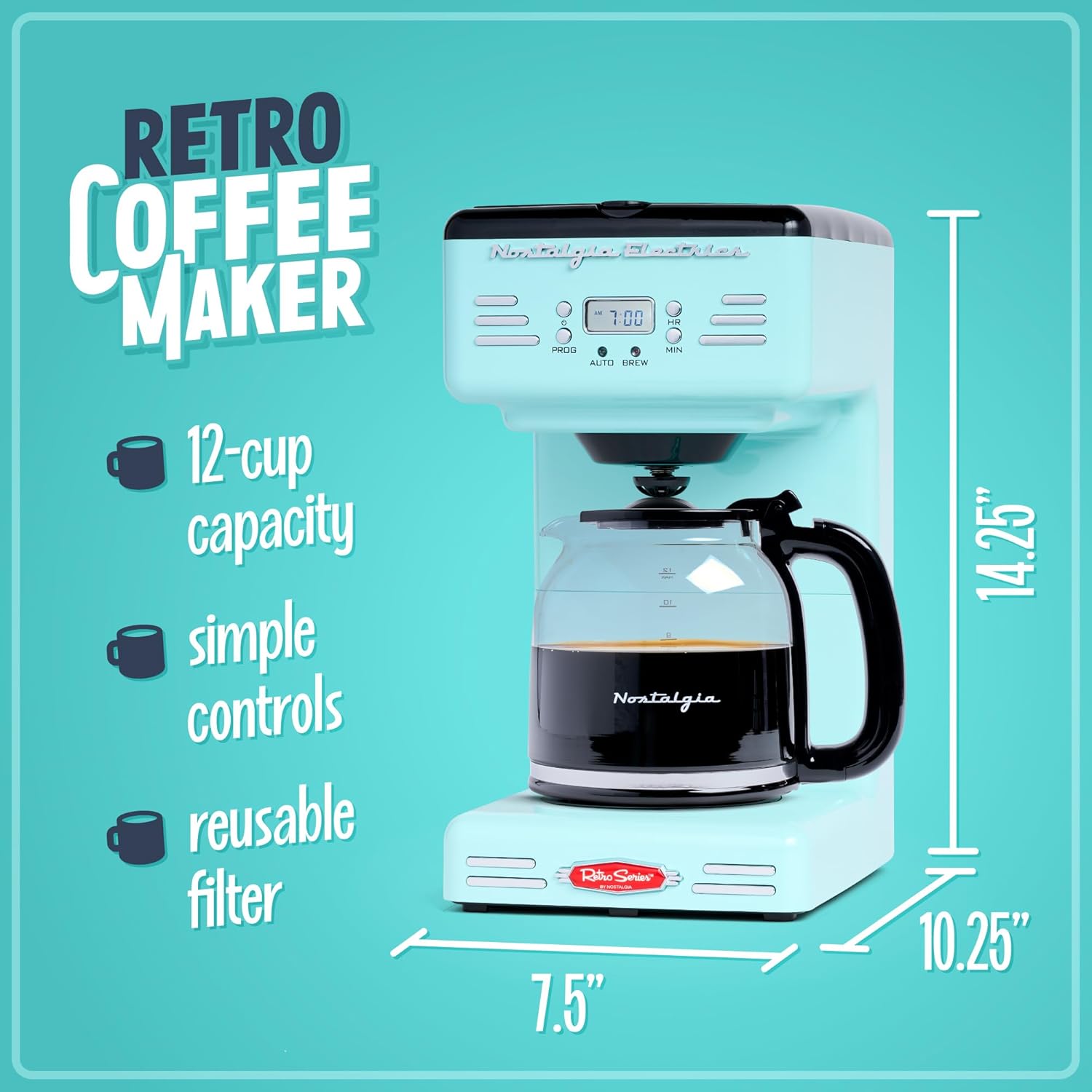 Nostalgia Cafetera programable retro de 12 tazas con pantalla LED, apagado...