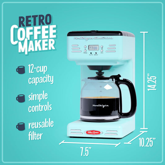 Nostalgia Cafetera programable retro de 12 tazas con pantalla LED, apagado...