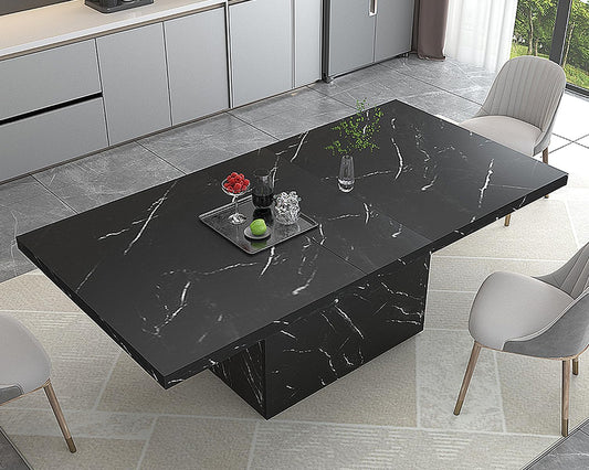 Mesa de comedor moderna negra, mesa de comedor de mármol sintético de granja,