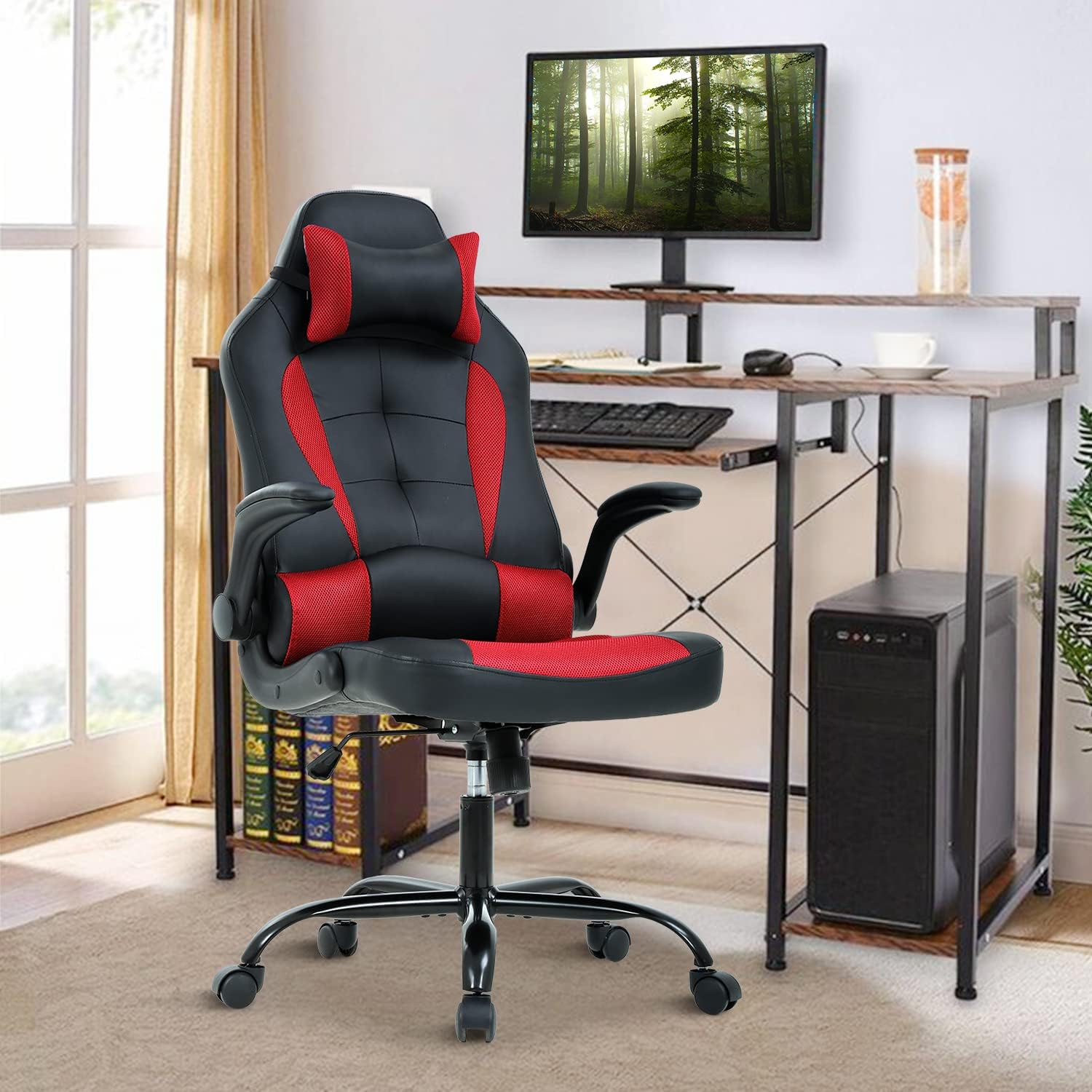 Silla de videojuegos, silla de computadora de piel sintética ajustable con...