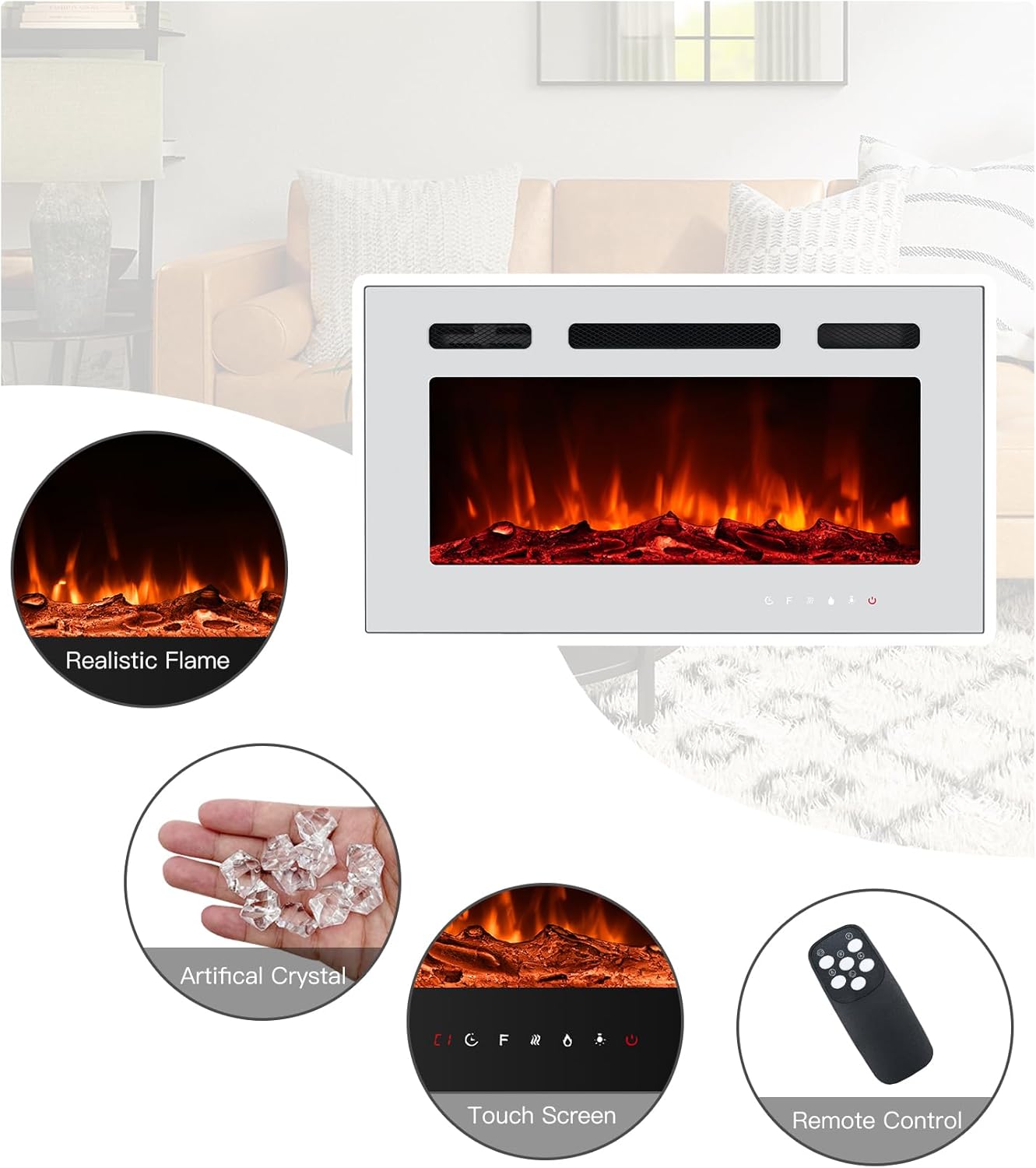 Panel de cristal para chimenea eléctrica con pantalla táctil, colorido inserto...