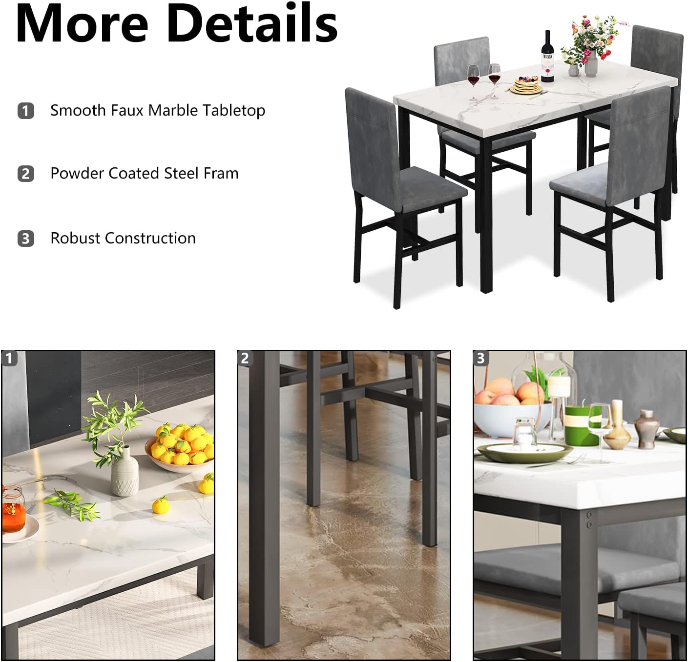 MIERE - Juego de mesa de comedor para 4, 5 piezas de mármol con 4 sillas de...