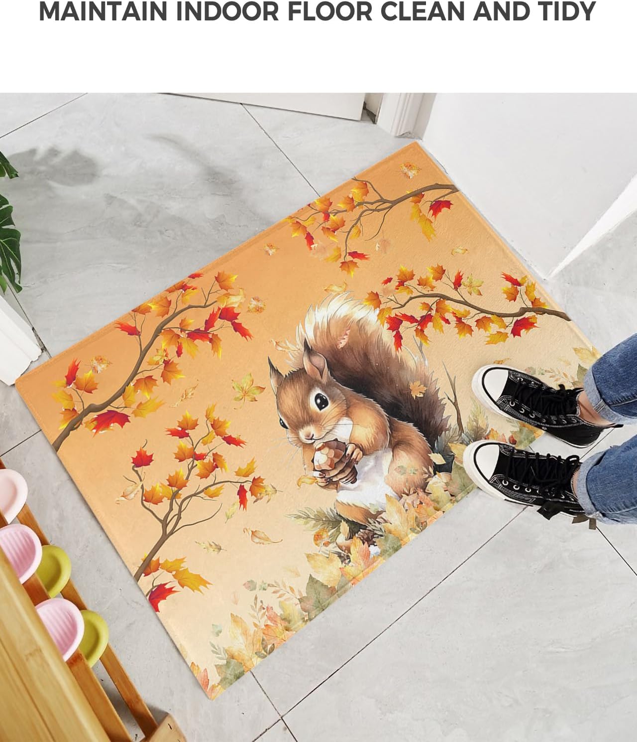 Shag Door Mats Bath Rugs Thanksgiving Squirrel Autumn Maple Leaf Orange...