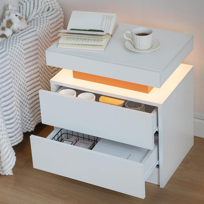 Juego de 2 mesas auxiliares LED, moderna mesita de noche con 3 luces LED y 2