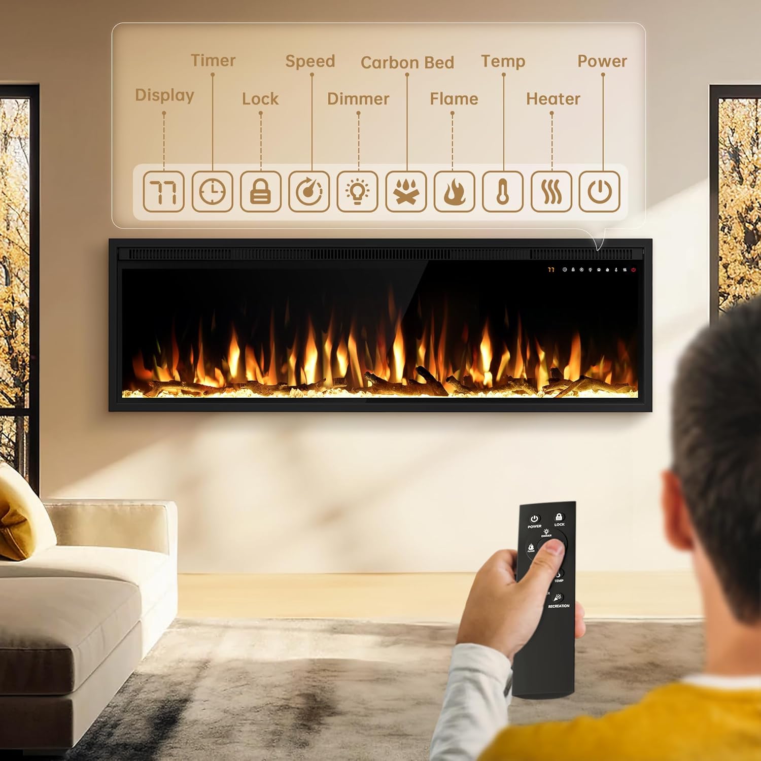 Smart - Calentador eléctrico de chimenea de 60 pulgadas habilitado para WiFi,...