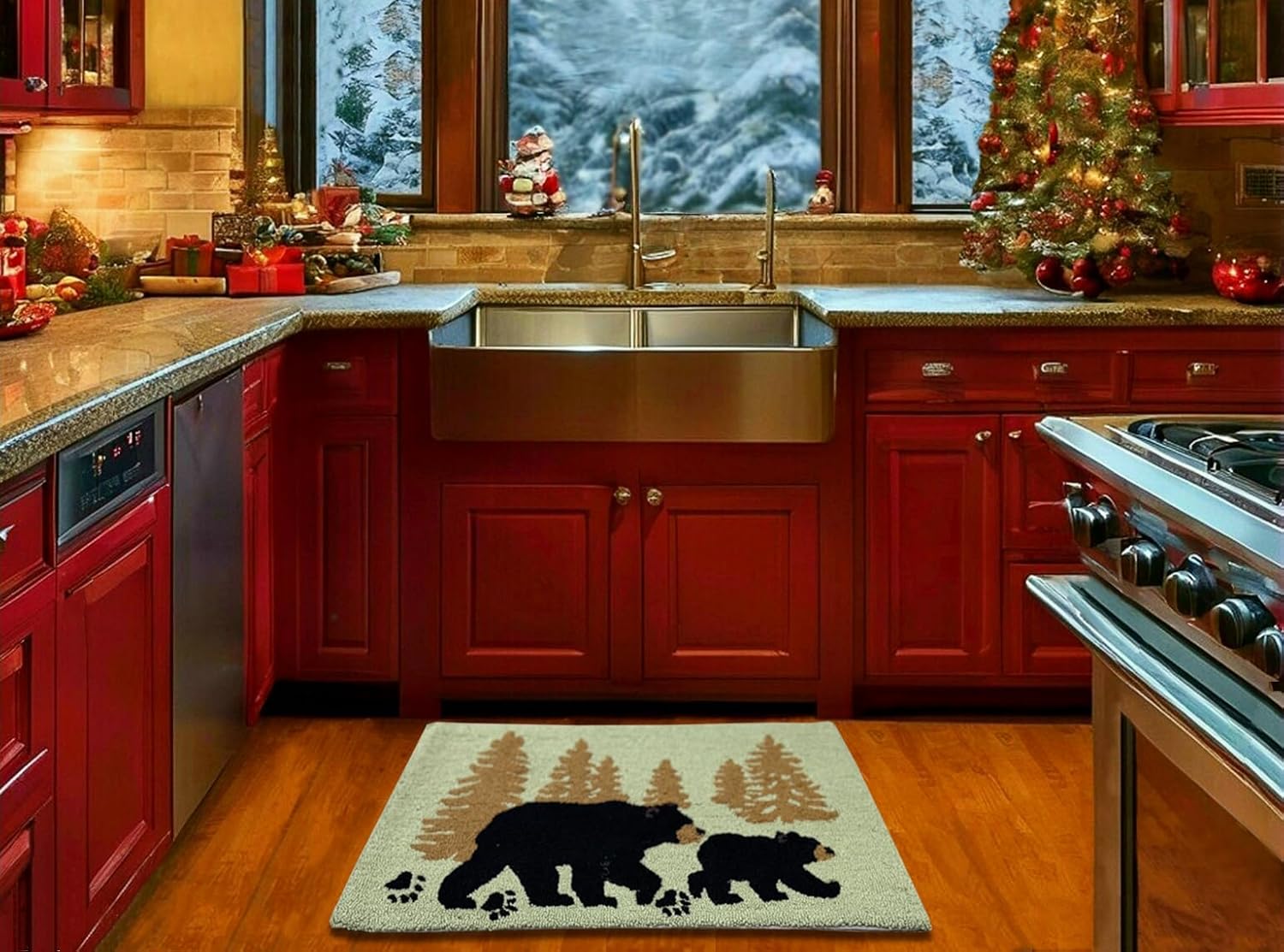 Woodland Bear Tree Silhouette Alfombra decorativa enganchada a mano, 28.5 x 17...