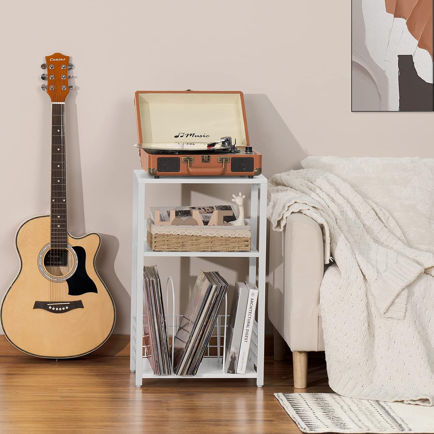 LELELINKY Mesa para tocadiscos, estante giratorio con almacenamiento de vinilo