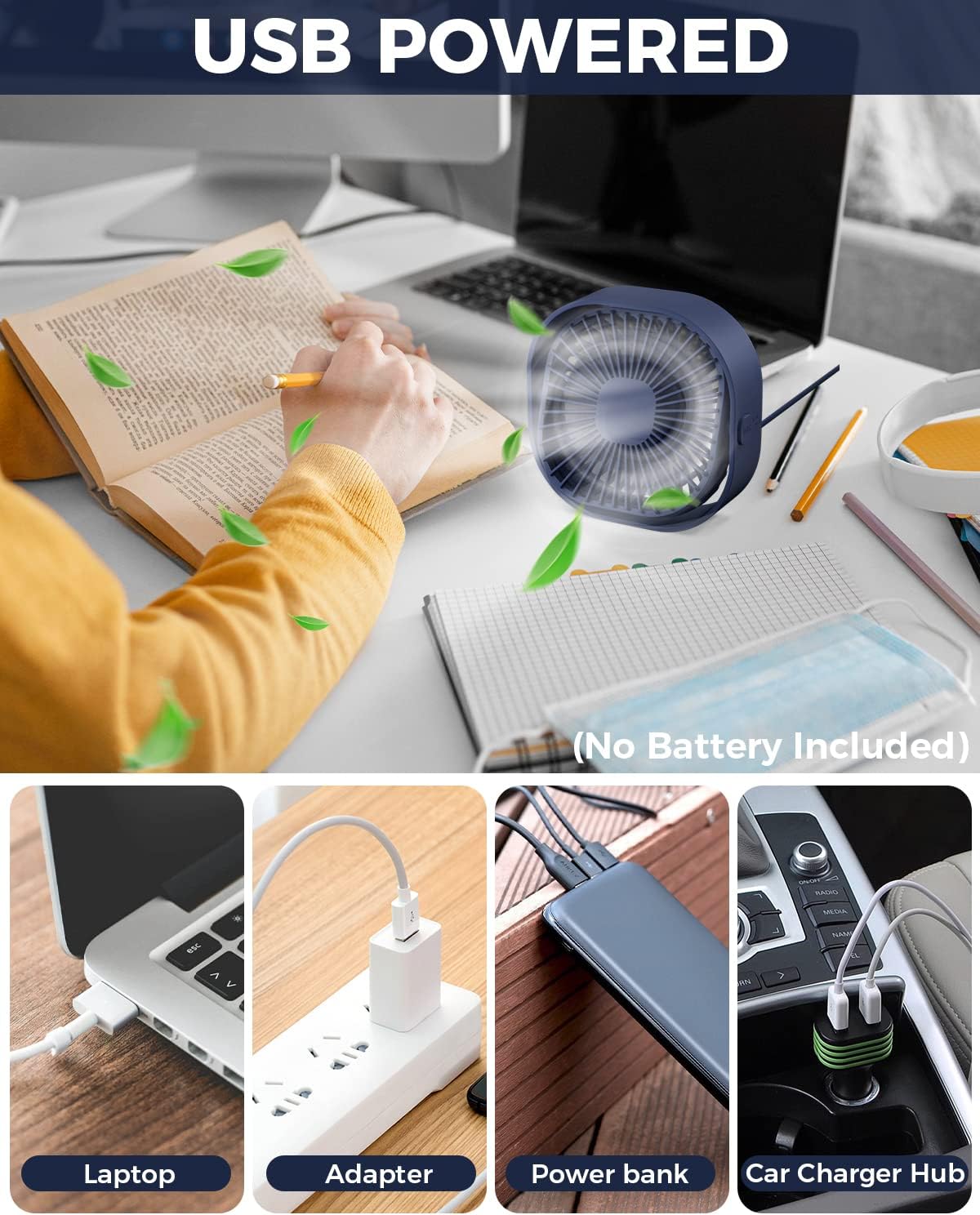 RJVW Pequeño ventilador de escritorio USB, ventilador de mesa portátil de 3...
