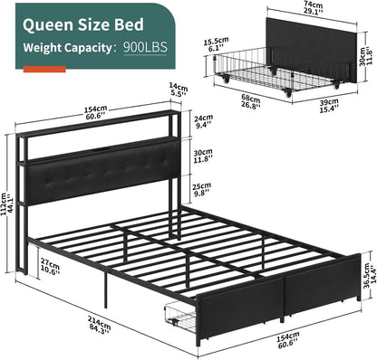 Base de cama Queen con cabecero, marco de cama de plataforma negra tamaño