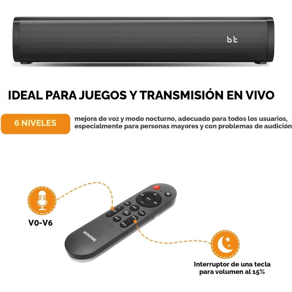 Barra de sonido Bluetooth 5.3 de 16 pulgadas con conexión óptica/AUX/USB