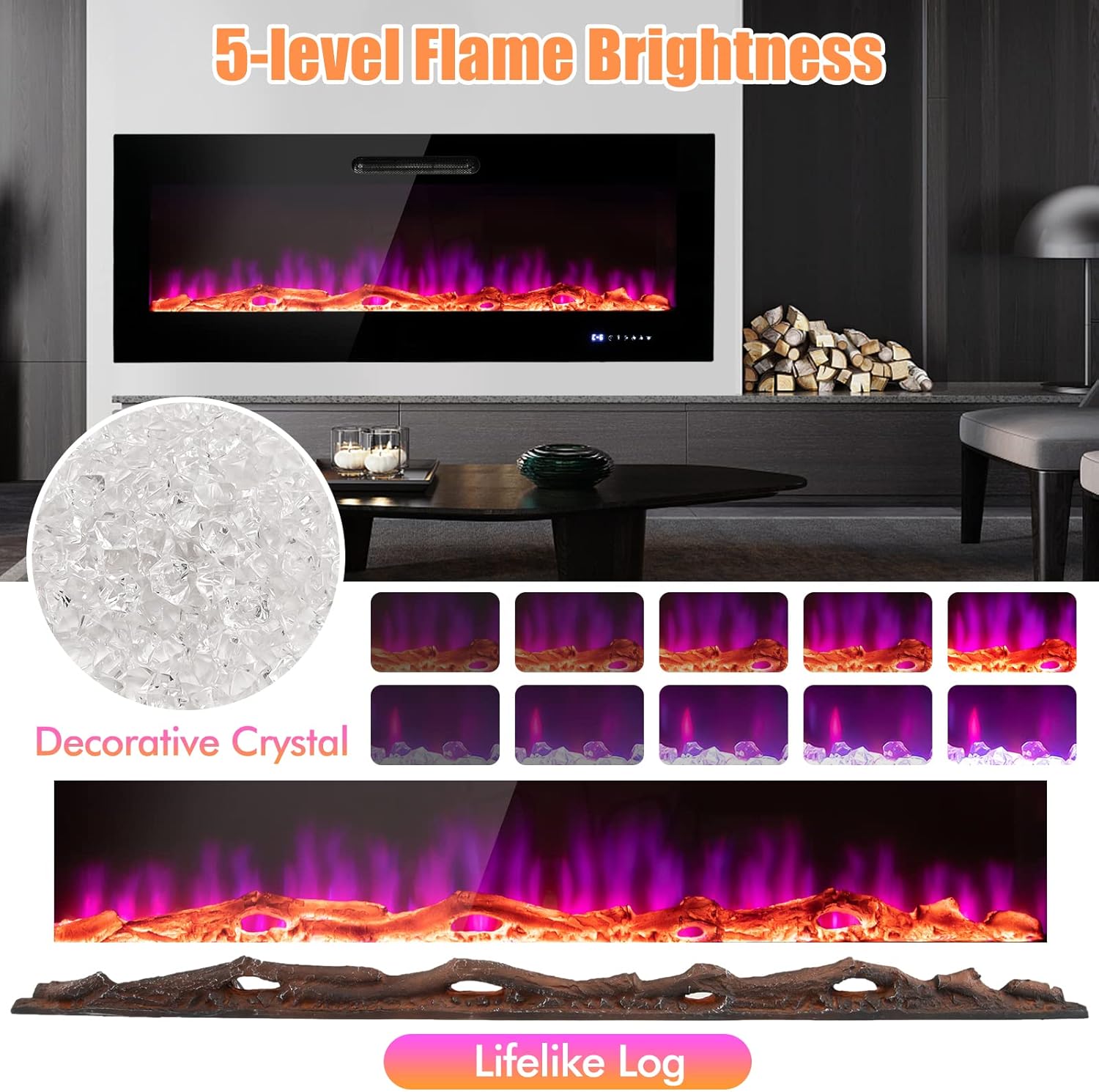 COSTWAY Chimenea eléctrica de 60 pulgadas de ancho, 750 W1500 W empotrada y...