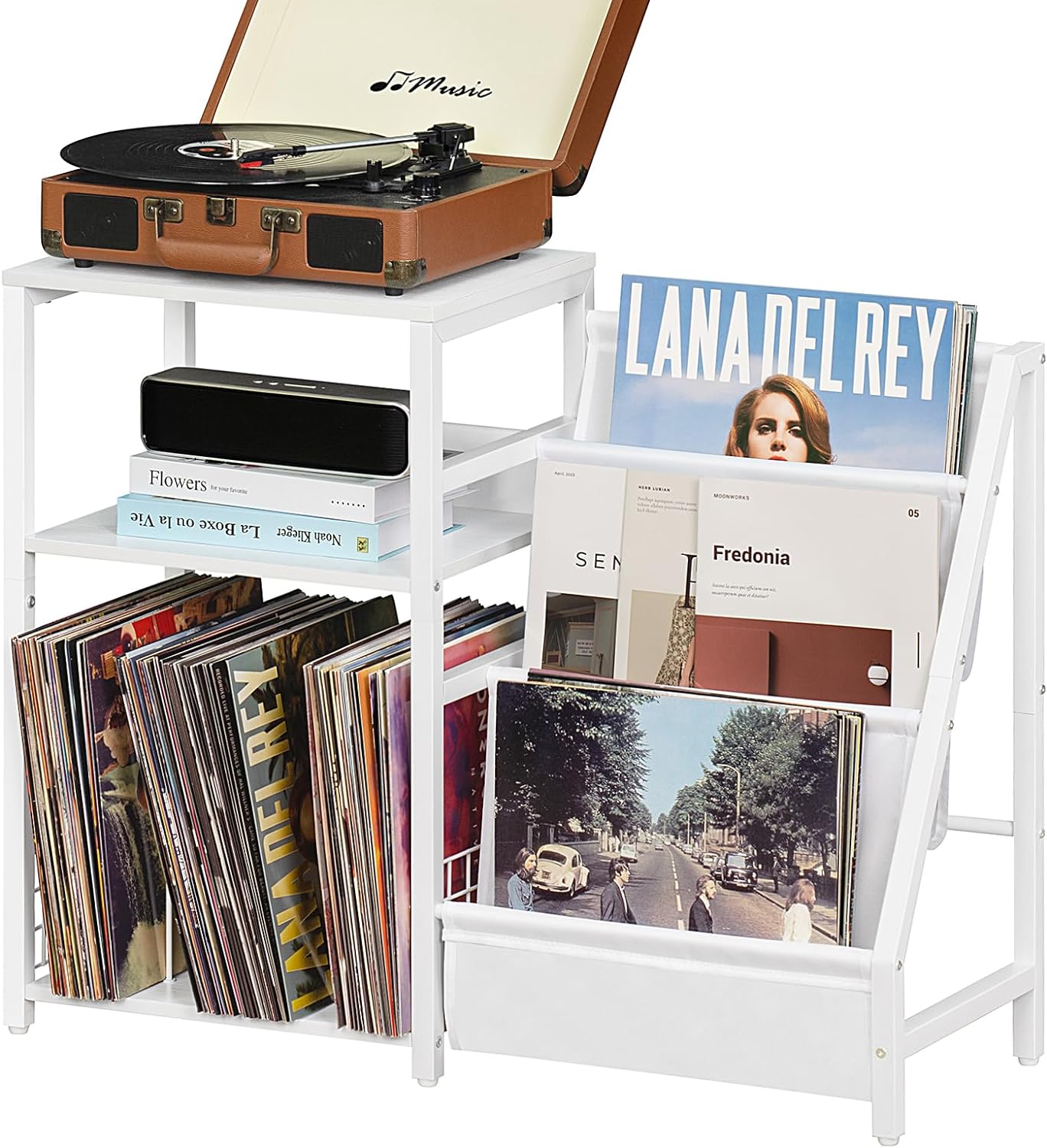 LELELINKY Mesa para tocadiscos, estante giratorio con almacenamiento de vinilo