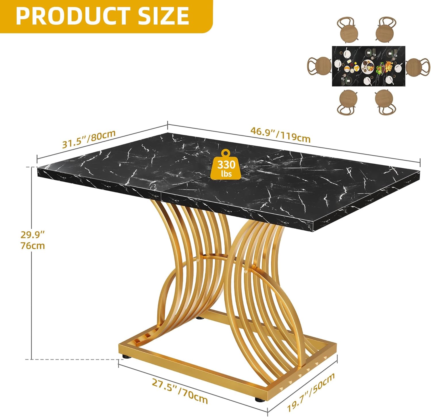 DWVO Modern Dining Table for 4 People 47 Inch Rectangular Kitchen Table with...