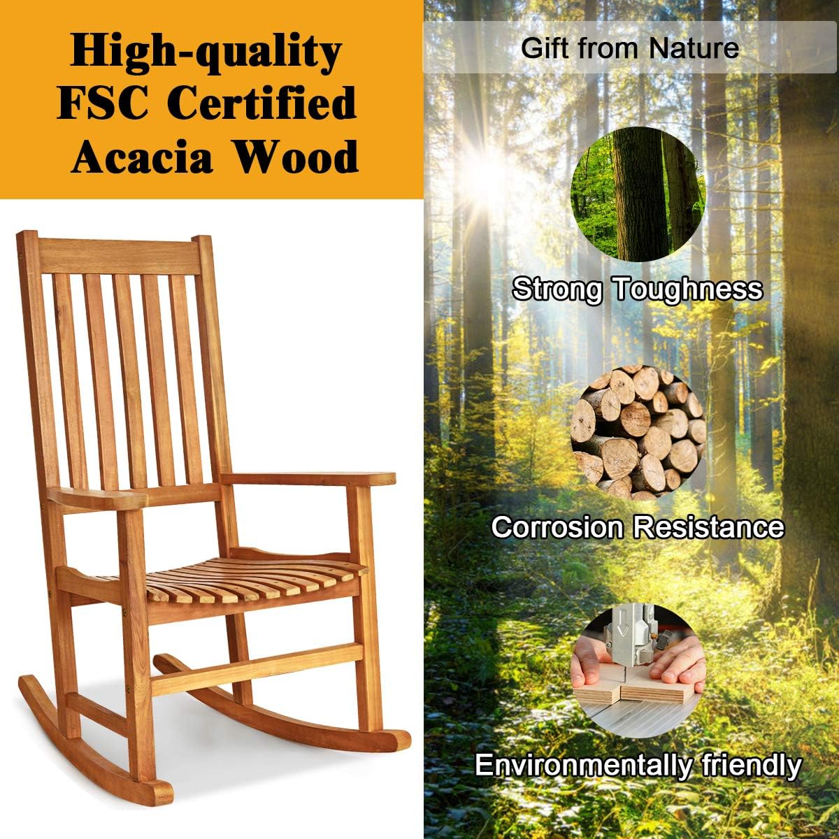 Tangkula Juego de mecedoras de madera de acacia, mecedora de madera con...