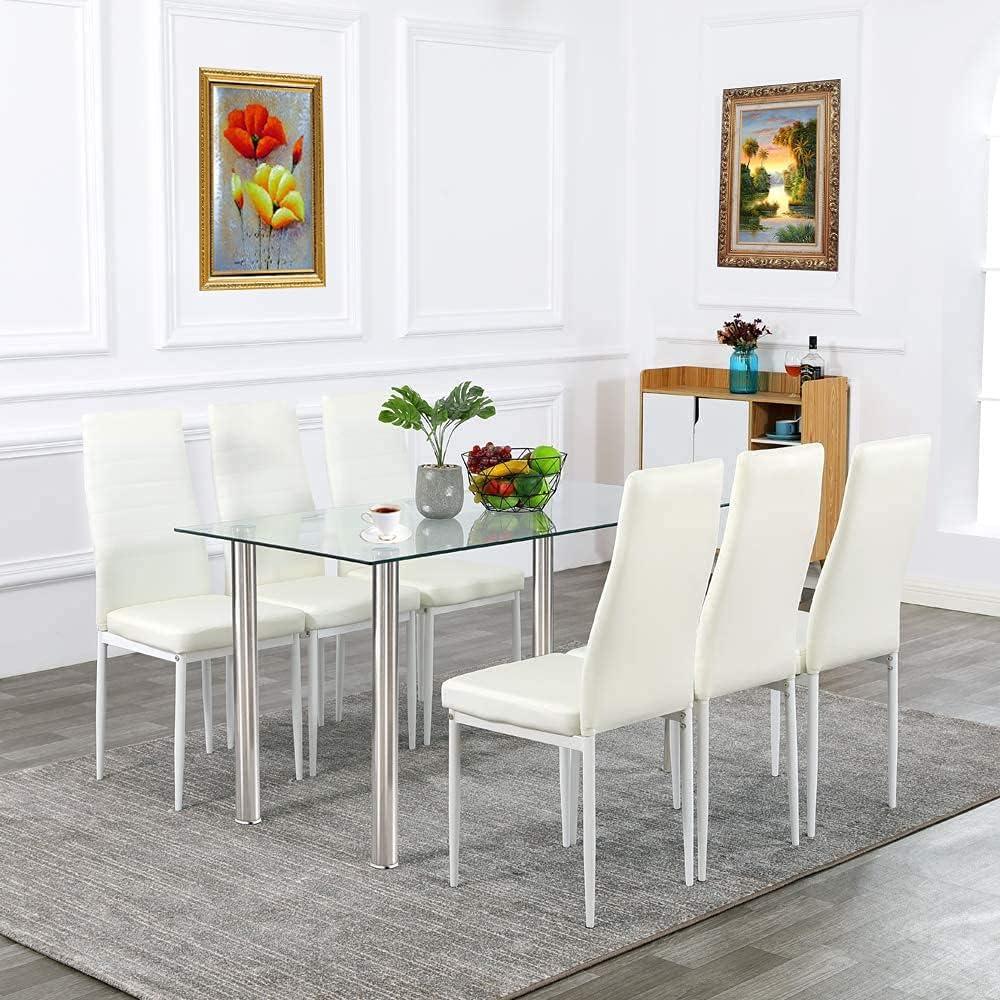 Juego de mesa de comedor de 7 piezas, moderna mesa de comedor de cristal con 6