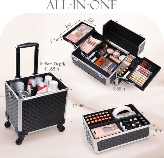 Adazzo 3 en 1 Profesional Rolling Maquillaje Tren Caso de Aluminio con Ruedas...