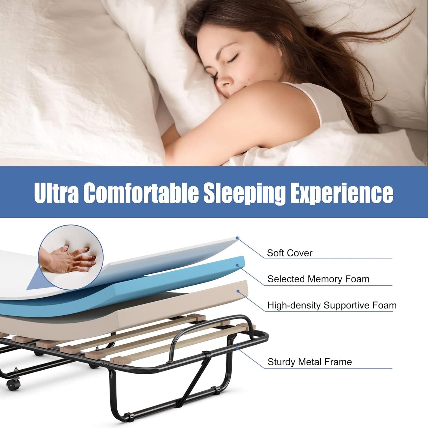 Cama plegable con colchón de 3 pulgadas, juego de cama portátil individual