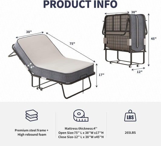 ZAFLY Cama plegable con colchón de esponja viscoelástica de 4 pulgadas, cama