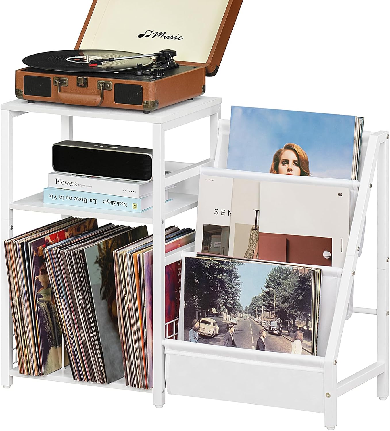LELELINKY Mesa para tocadiscos, estante giratorio con almacenamiento de vinilo