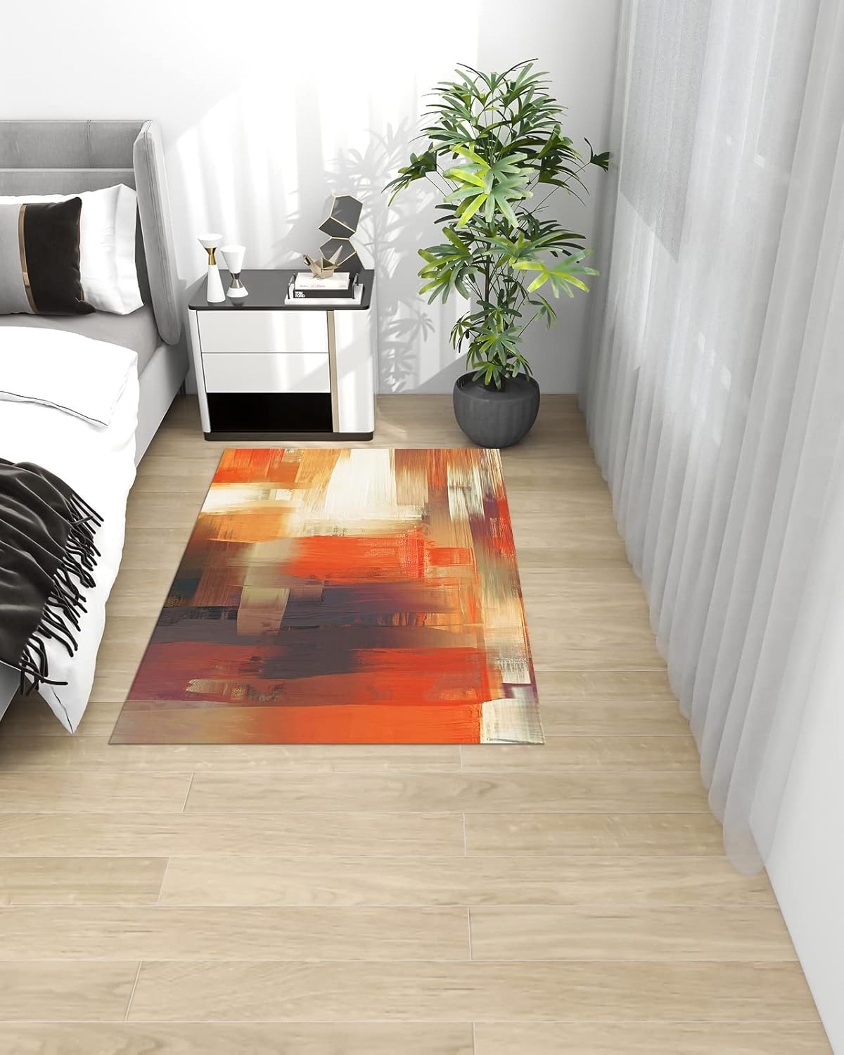 Alfombra de interior naranja de 5 pies x 8 pies, marrón moderno arte abstracto...