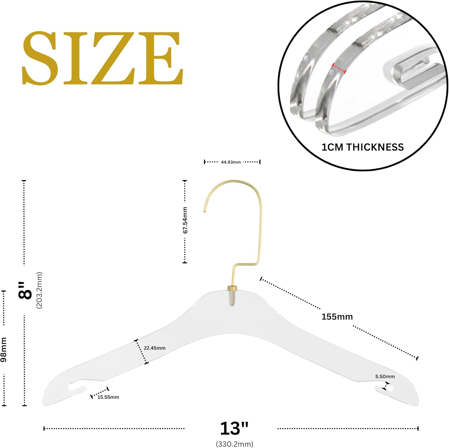 Elegantes perchas de acrílico transparente con gancho dorado, colgador de ropa