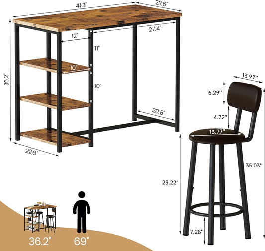 Juego de mesa de comedor de cocina para 2, mesa de bar y sillas con 3 estantes