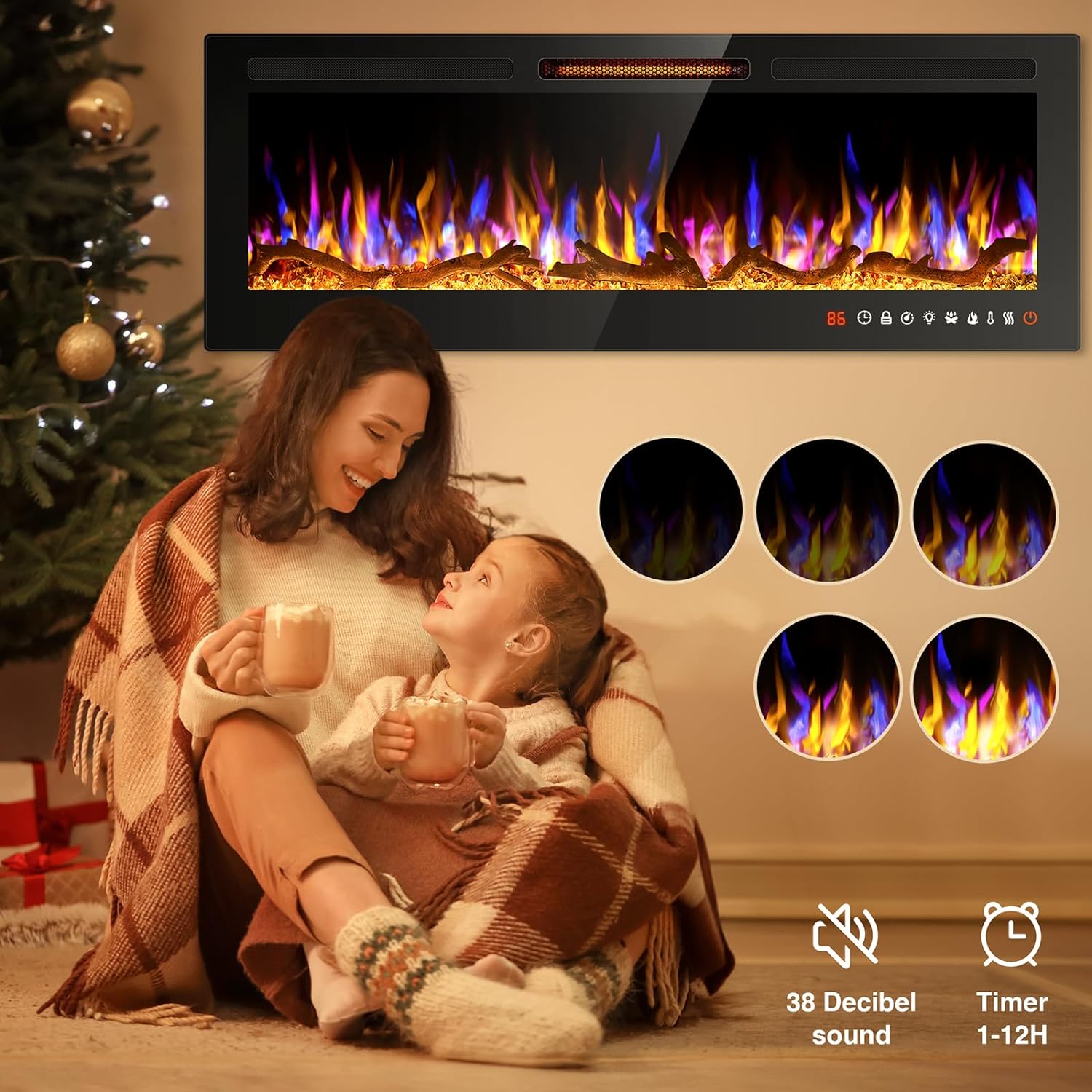 Chimenea eléctrica delgada de 60 pulgadas empotrada y montada en la pared,...